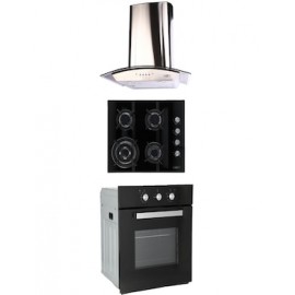 Combo Odipo campana 60 cm cristal curvo tipo pared cont elec y parrilla cristal temp negro 60 cm 4 q + horno gas 60 cm