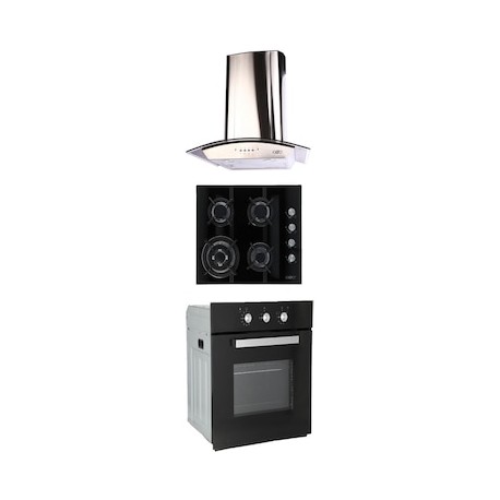 Combo Odipo campana 60 cm cristal curvo tipo pared cont elec y parrilla cristal temp negro 60 cm 4 q + horno gas 60 cm