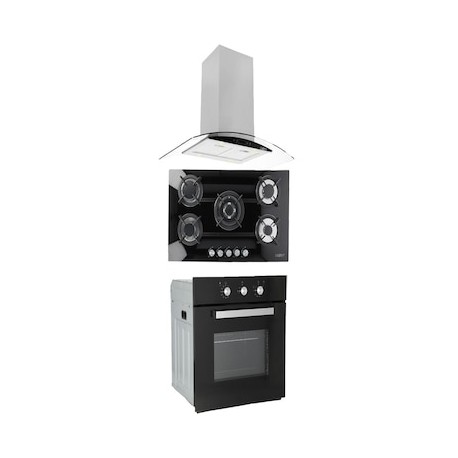 Combo Odipo campana 90 cm cristal curvo tipo isla contr dig y parrilla cristal temp negro 87 cm 5 Q + horno gas 60 cm
