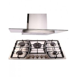 Combo Parrilla 76 cm acero inox 5 Quemadores + Campana 90 cm Cristal Recto Tipo Pared Contr Elec
