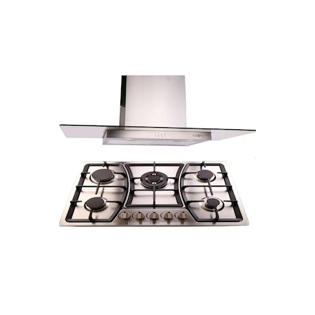 Combo Parrilla 76 cm acero inox 5 Quemadores + Campana 90 cm Cristal Recto Tipo Pared Contr Elec