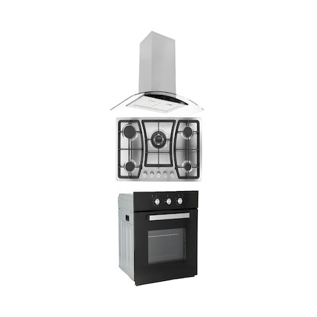 Combo Odipo campana 90 cm cristal curvo tipo isla control digital y parrilla 76 cm acero inox 5 Q + horno gas 60 cm