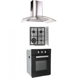 Combo Odipo parrilla acero inox 60 cm 4 q y campana 90 cm cristal curvo tipo pared contr elec + horno gas 60 cm