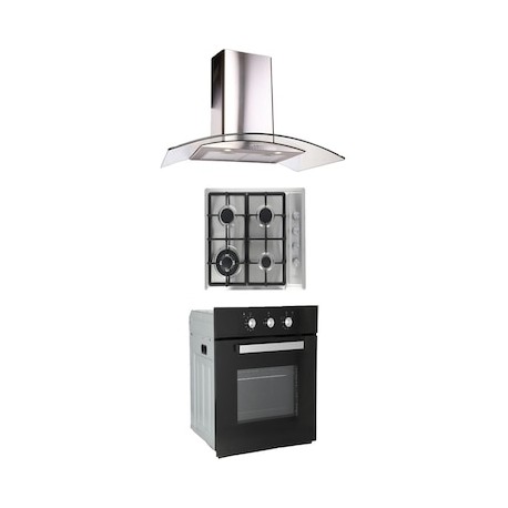 Combo Odipo parrilla acero inox 60 cm 4 q y campana 90 cm cristal curvo tipo pared contr elec + horno gas 60 cm