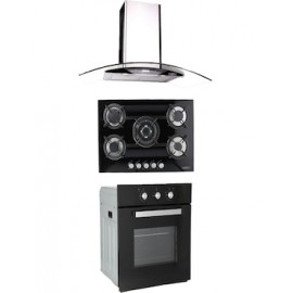 Combo Odipo campana 90 cm cristal curvo tipo pared cont dig y parrilla de cristal 76 cm cristal templ negro + horno gas 60 cm