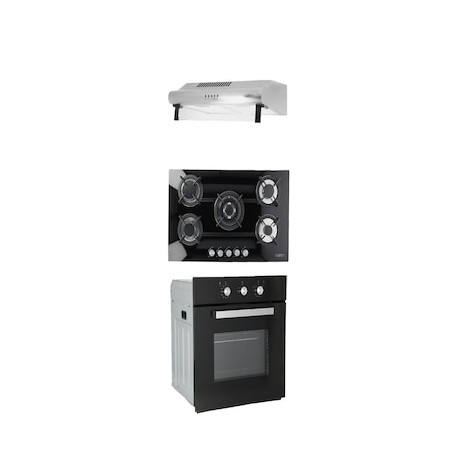 Combo Odipo parrilla cristal templado negro 87 cm 5 Q y campana estándar acero inox 80 cm + horno gas 60 cm