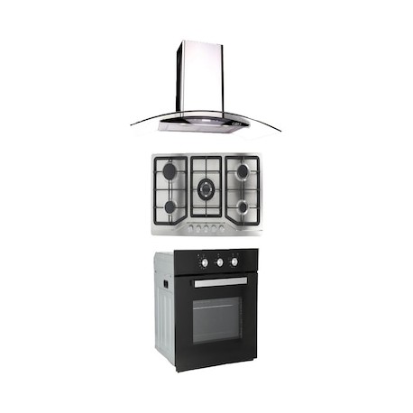 Combo Odipo campana 90 cm cristal curvo tipo pared control digital y parrilla 86 cm acero inox 5 Q + horno gas 60 cm