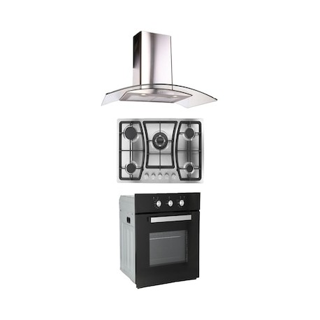 Combo Odipo parrilla 76 cm acero inox 5 Q y campana 90 cm cristal curvo tipo pared cont elec + horno gas 60 cm
