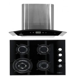 Combo campana Odipo 60 cms cristal curvo tipo pared cont dig y parrilla cristal temp negro 4 Q