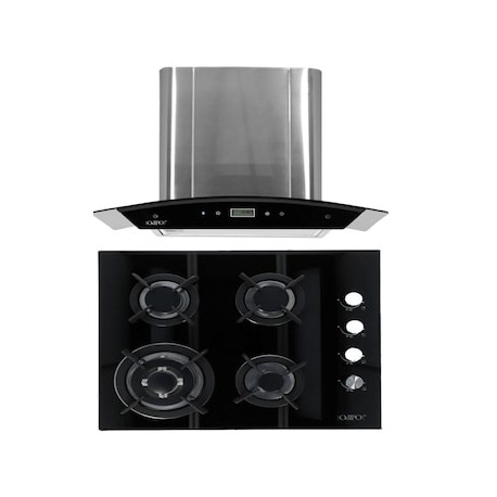 Combo campana Odipo 60 cms cristal curvo tipo pared cont dig y parrilla cristal temp negro 4 Q