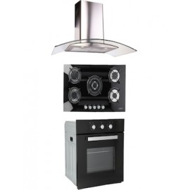 Combo Odipo parrilla cristal temp negro 87 cm 5 Q y campana 90 cm cristal curvo tipo pared contr elec + horno gas 60 cm