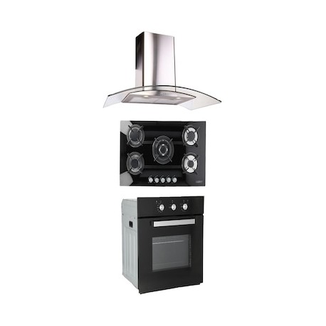 Combo Odipo parrilla cristal temp negro 87 cm 5 Q y campana 90 cm cristal curvo tipo pared contr elec + horno gas 60 cm