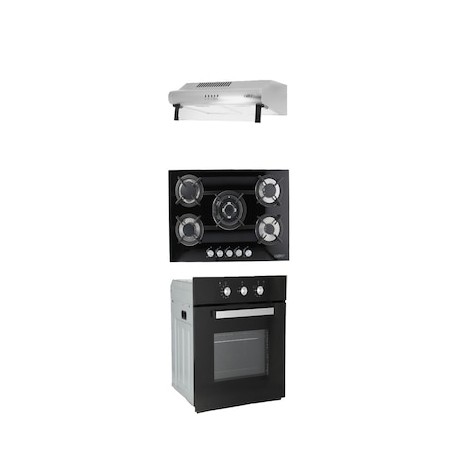 Combo Odipo parrilla de cristal 76 cm cristal templ negro y campana estándar acero inox 75 cm + horno gas 60 cm