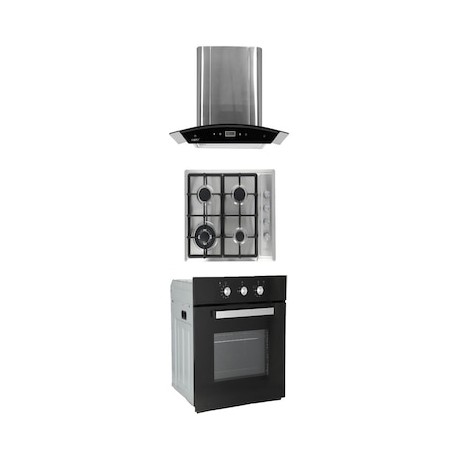 Combo Odipo campana 60 cm cristal curvo tipo pared contr dig y parrilla acero inox 60 cm 4 q + horno gas 60 cm