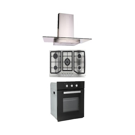 Combo Odipo parrilla 86 cm acero inox 5 Q y campana 90 cm cristal recto tipo pared contr elec + horno gas 60 cm