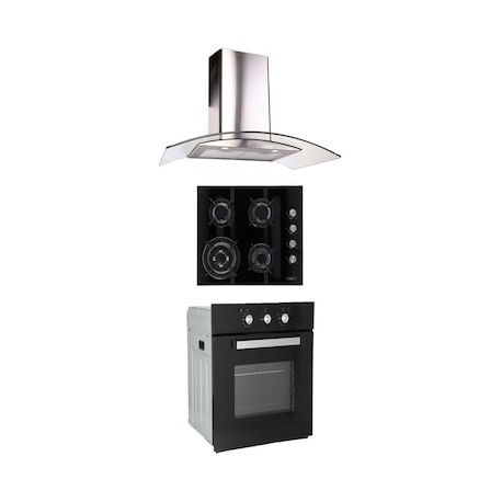 Combo Odipo parrilla cristal 60 cm cristal temp 5 Q y campana 90 cm cristal curvo tipo pared contr ele + horno gas 60 cm