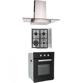 Combo Odipo parrilla acero inox 60 cm 4 q y campana 90 cm cristal recto tipo pared contr elec + horno gas 60 cm