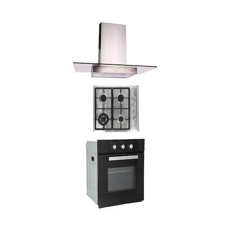 Combo Odipo parrilla acero inox 60 cm 4 q y campana 90 cm cristal recto tipo pared contr elec + horno gas 60 cm