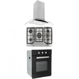 Combo Odipo campana 90 cm cristal curvo tipo isla control digital + parrilla 86 cm acero inox 5 Q + horno gas 60 cm
