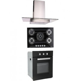 Combo Odipo parrilla de cristal 76 cm cristal templ negro 5 Q y campana 90 cm cristal recto tipo pared + horno gas 60 cm