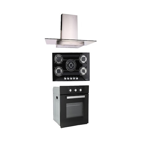 Combo Odipo parrilla de cristal 76 cm cristal templ negro 5 Q y campana 90 cm cristal recto tipo pared + horno gas 60 cm