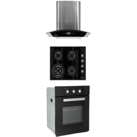 Combo Odipo campana 60 cm cristal curvo tipo pared cont dig y parrilla cristal temp negro 60 cm 4 q + horno gas 60 cm