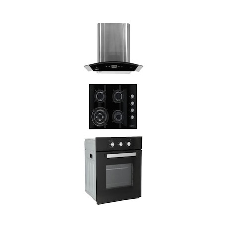 Combo Odipo campana 60 cm cristal curvo tipo pared cont dig y parrilla cristal temp negro 60 cm 4 q + horno gas 60 cm