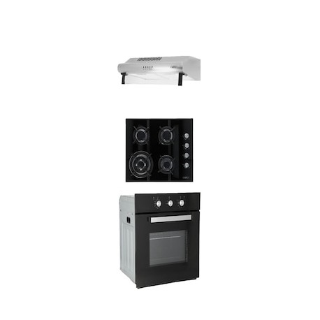 Combo Odipo parrilla de cristal 60 cm cristal templado negro y campana estándar acero inox 80 cm + horno gas 60 cm