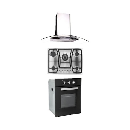 Combo Odipo campana 90 cm cristal curvo tipo pared control digital y parrilla 76 cm acero inox 5 Q + horno gas 60 cm