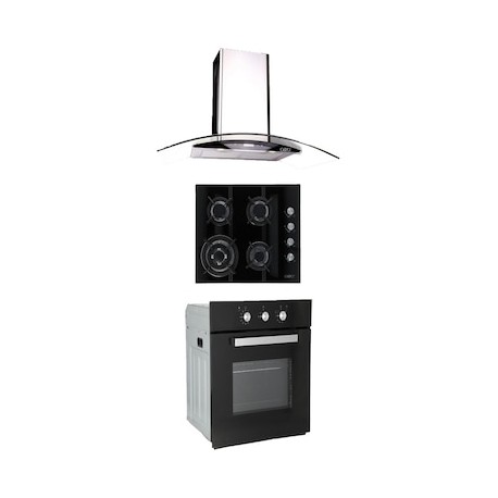 Combo Odipo parrilla de cristal 60 cm cristal templ negro y campana 90 cm cristal curvo tipo pared cont dig + horno gas 60 cm