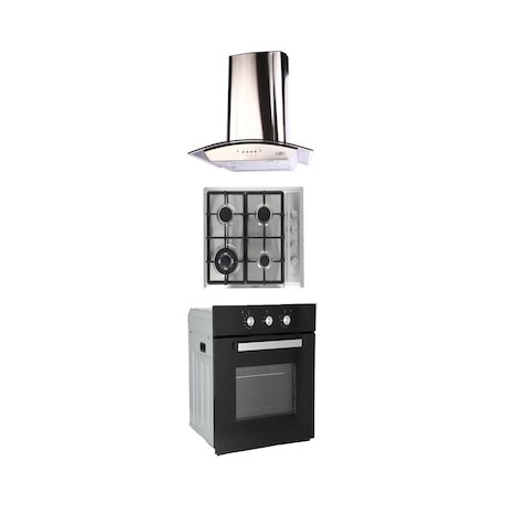 Combo Odipo campana 60 cm cristal curvo tipo pared contr elec y parrilla acero inox 60 cm 4 q + horno gas 60 cm