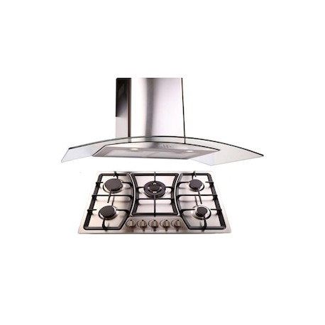 Combo Parrilla 76 cm acero inox 5 Q + Campana 90 cm cristal curvo tipo pared cont elec