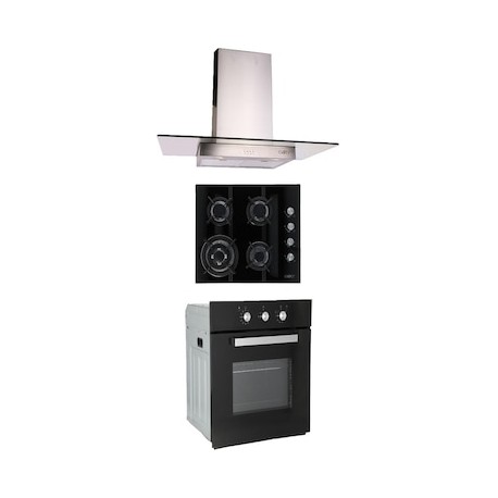 Combo Odipo parrilla de cristal 60 cm cristal templ negro 4 q y campana 90 cm cristal recto tipo pared + horno gas 60 cm