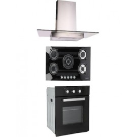 Combo Odipo parrilla cristal templado negro 87 cm 5 Q y campana 90 cm cristal recto tipo pared control elec + horno gas 60 cm