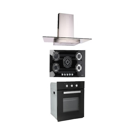 Combo Odipo parrilla cristal templado negro 87 cm 5 Q y campana 90 cm cristal recto tipo pared control elec + horno gas 60 cm