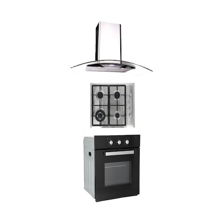 Combo Odipo campana 90 cm cristal curvo tipo pared cont dig y parrilla 60 cm acero inox 4 q + horno gas 60 cm