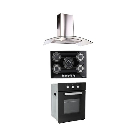 Combo Odipo parrilla cristal 76 cm cristal temp 5 Q y campana 90 cm cristal curvo tipo pared contr elec + horno gas 60 cm