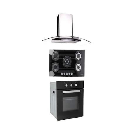 Combo Odipo campana 90 cm cristal curvo tipo pared control digit y parrilla cristal templ negro 87 cm 5 Q + horno gas 60 cm
