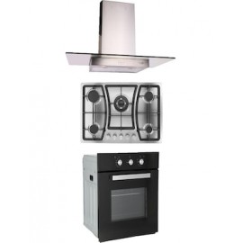 Combo Odipo parrilla 76 cm acero inox 5 quemadores y campana 90 cm cristal recto tipo pared contr elec + horno gas 60 cm
