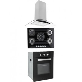 Combo Odipo campana 90 cm cristal curvo tipo isla contr dig y parrilla cristal temp negro 76 cm 5 Q + horno gas 60 cm